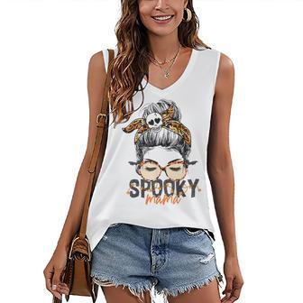 Spooky Mama Halloween Costume Skull Mom Leopard Messy Bun Women's Vneck Tank Top - Seseable