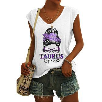 Taurus Girl Birthday Messy Bun Hair Purple Floral Women's Vneck Tank Top - Seseable