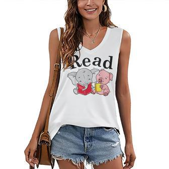 Teacher Library Read Book With Cute Pig And Elephant Women's V-neck Casual Sleeveless Tank Top - Thegiftio UK