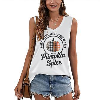 Womens My Witches Brew Is Pumpkin Spice Halloween Plaid Leopard Women's Vneck Tank Top - Seseable