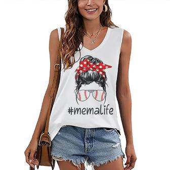 Womens Mema Life Messy Bun Softball Baseball Lover Mothers Day Gift Women's V-neck Casual Sleeveless Tank Top - Thegiftio