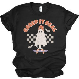 Creep It Real Ghost Skateboard Halloween Bat Checkered Sk8r Men Women T-shirt Unisex Jersey Short Sleeve Crewneck Tee - Thegiftio UK