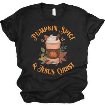 Fall Season Cute Pumpkin Spice And Jesus Christ Thanksgiving Unisex Jersey Short Sleeve Crewneck Tshirt - Thegiftio UK