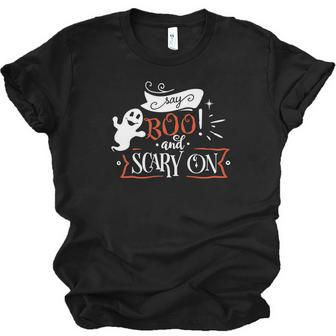 Halloween Say Boo And Scary On Orange And White Men Women T-shirt Unisex Jersey Short Sleeve Crewneck Tee - Seseable