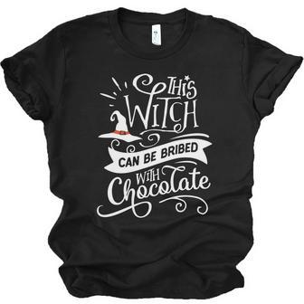 Halloween This Witch Can Be Bribed With Chocolate White And Orange Men Women T-shirt Unisex Jersey Short Sleeve Crewneck Tee - Seseable
