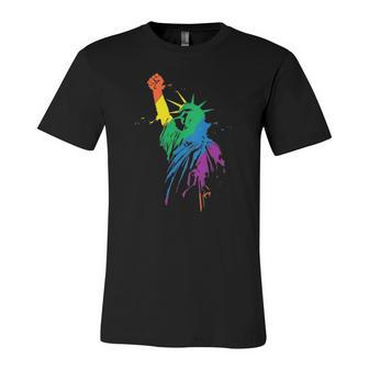 Rainbow Statue Of Liberty With Raised Fist Lgbtq Pride Jersey T-Shirt | Mazezy