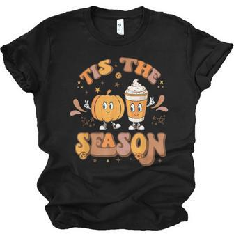Retro Tis The Season Pumpkin Spice Fall Vibes Thanksgiving Unisex Jersey Short Sleeve Crewneck Tshirt - Thegiftio UK