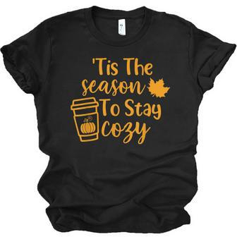 Tis The Season To Stay Cozy Pumpkin Spice Fall Thanksgiving Unisex Jersey Short Sleeve Crewneck Tshirt - Thegiftio UK