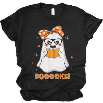 Womens Booooks Cute Ghost Reading Library Books Halloween Men Women T-shirt Unisex Jersey Short Sleeve Crewneck Tee - Thegiftio UK