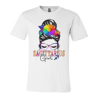 Sagittarius Girl Birthday Messy Bun Hair Colorful Floral  Unisex Jersey Short Sleeve Crewneck Tshirt