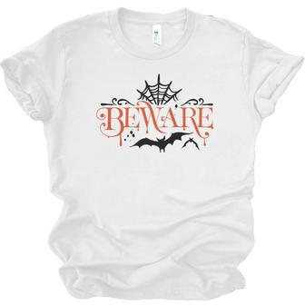 Halloween Beware Bat And Spidernet Black And Orange Design Men Women T-shirt Unisex Jersey Short Sleeve Crewneck Tee - Seseable