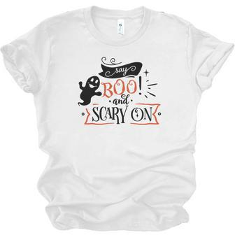 Halloween Say Boo And Scary On Black And Orange Men Women T-shirt Unisex Jersey Short Sleeve Crewneck Tee - Seseable