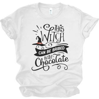 Halloween This Witch Can Be Bribed With Chocolate Black And Orange Men Women T-shirt Unisex Jersey Short Sleeve Crewneck Tee - Seseable