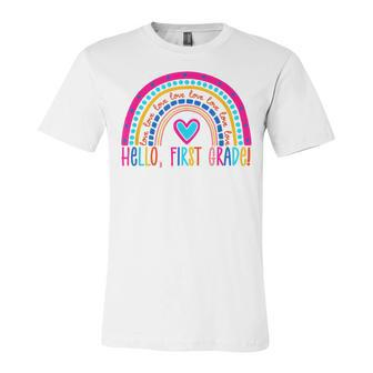 Hello First Grade Rainbow Back To School Teacher Kids Unisex Jersey Short Sleeve Crewneck Tshirt - Seseable