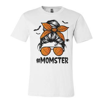 Momster For Women Halloween Mom Messy Bun Leopard Unisex Jersey Short Sleeve Crewneck Tshirt - Seseable