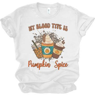 My Blood Type Is Pumpkin Spice Halloween Thanksgiving Unisex Jersey Short Sleeve Crewneck Tshirt - Thegiftio UK