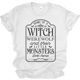 Vintage Halloween Sign Home Of A Witch Werewolf And Their Little Monster Men Women T-shirt Unisex Jersey Short Sleeve Crewneck Tee - Seseable