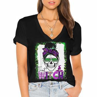 100% That Witch Halloween Costume Messy Bun Skull Witch Girl Women's Jersey Short Sleeve Deep V-Neck Tshirt - Seseable