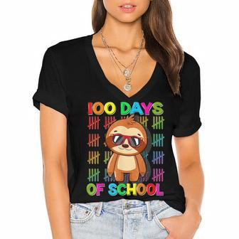 100Th Day Of School Sloth Design 100 Days School Sloth Lover Women's Jersey Short Sleeve Deep V-Neck Tshirt - Thegiftio UK
