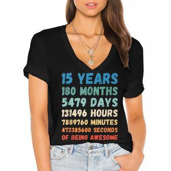 15Th Birthday 15 Years Of Being Awesome Wedding Anniversary Women's Jersey Short Sleeve Deep V-Neck Tshirt - Seseable