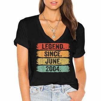 18Th Birthday Legend Since June 2004 18 Years Old Vintage  Women's Jersey Short Sleeve Deep V-Neck Tshirt