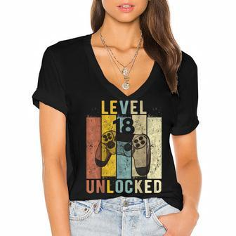18Th Birthday Level 18 Unlocked Video Gamer Gift Women's Jersey Short Sleeve Deep V-Neck Tshirt - Seseable