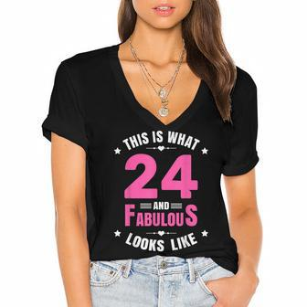 24 And Fabulous 24 Year Old Birthday Happy 24Th Birthday Women's Jersey Short Sleeve Deep V-Neck Tshirt - Seseable
