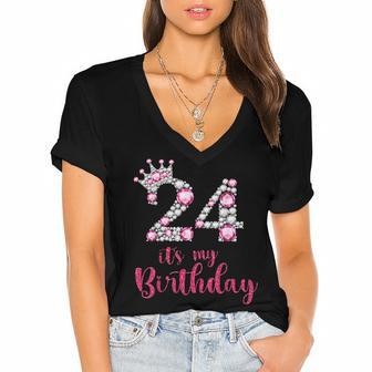 24 Its My Birthday 24Th Birthday 24 Years Old Bday Women's Jersey Short Sleeve Deep V-Neck Tshirt - Seseable