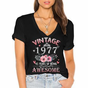 45 Year Old Made In Vintage 1977 45Th Birthday Women's Jersey Short Sleeve Deep V-Neck Tshirt - Seseable