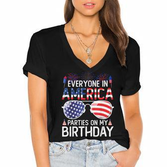 4Th Of July Birthday Gifts Funny Bday Born On 4Th Of July Women's Jersey Short Sleeve Deep V-Neck Tshirt - Seseable