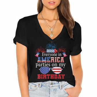 4Th Of July Birthday Gifts Funny Bday Born On 4Th Of July Women's Jersey Short Sleeve Deep V-Neck Tshirt - Seseable