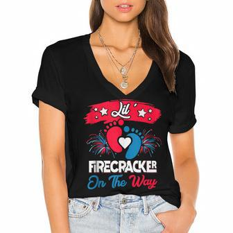 4Th Of July Pregnancy Patriotic Lil Firecracker On The Way Women's Jersey Short Sleeve Deep V-Neck Tshirt - Seseable