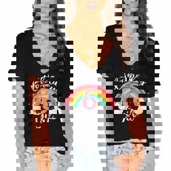 6 Years Old Birthday Girl Rainbow For Girls 6Th Birthday Women's Jersey Short Sleeve Deep V-Neck Tshirt - Thegiftio