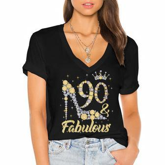 90 & Fabulous 90 Years Old 90Th Birthday Diamond Crown Shoes Women's Jersey Short Sleeve Deep V-Neck Tshirt - Seseable