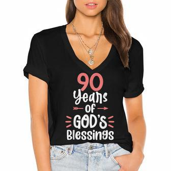 90 Years Of Gods Blessings 90 Year Old Happy 90Th Birthday Women's Jersey Short Sleeve Deep V-Neck Tshirt - Seseable