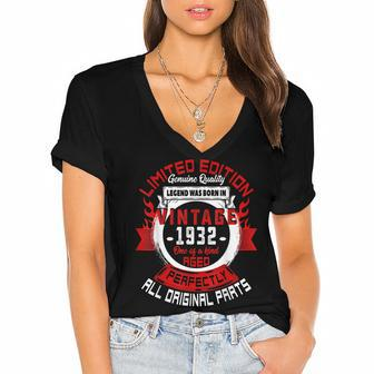 90Th Birthday Gift Vintage Legends Born In 1932 90 Years Old Women's Jersey Short Sleeve Deep V-Neck Tshirt - Seseable