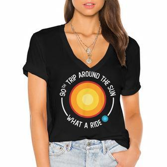 90Th Birthday Retro 90Th Trip Around The Sun What A Ride Women's Jersey Short Sleeve Deep V-Neck Tshirt - Seseable