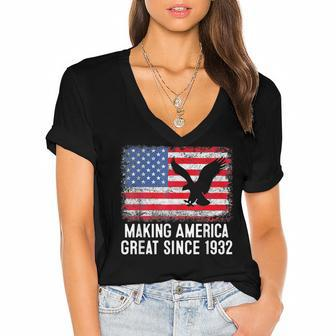 90Th BirthdayMaking America Great Since 1932 Women's Jersey Short Sleeve Deep V-Neck Tshirt - Seseable