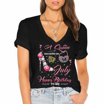 A Queen Was Born On 14Th July Birthday For Queens Girls Women's Jersey Short Sleeve Deep V-Neck Tshirt - Seseable