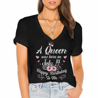 A Queen Was Born On July 14 Happy Birthday To Me Floral Women's Jersey Short Sleeve Deep V-Neck Tshirt - Seseable