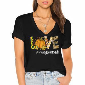Activity Director Love Pumpkin Leopard Halloween Fall Lover Women's Jersey Short Sleeve Deep V-Neck Tshirt - Seseable