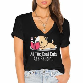 All The Cool Kids Are Reading Book Cat Lovers Women's Jersey Short Sleeve Deep V-Neck Tshirt - Seseable