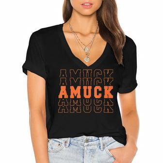 Amuck Amuck Amuck In Orange Stacked Halloween Graphic Women's Jersey Short Sleeve Deep V-Neck Tshirt - Seseable