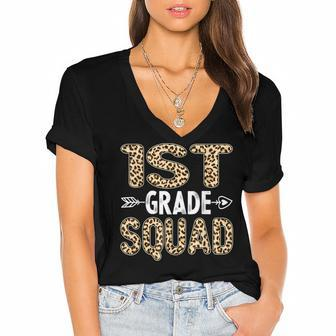 Back To School First Grade 1St Grade Leopard Squad Teacher Women's Jersey Short Sleeve Deep V-Neck Tshirt - Seseable