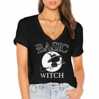 Basic Witch Costume With A Cat For Witches Halloween Women's Jersey Short Sleeve Deep V-Neck Tshirt - Seseable