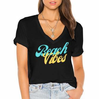 Beach Women Vibes Gift Summer Apparel Colorful Women's Jersey Short Sleeve Deep V-Neck Tshirt - Seseable
