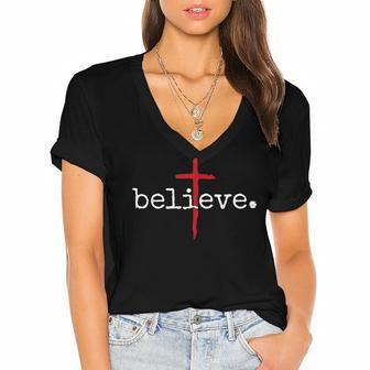 Believe In Cross Christian Saying Women's Jersey Short Sleeve Deep V-Neck Tshirt - Thegiftio UK