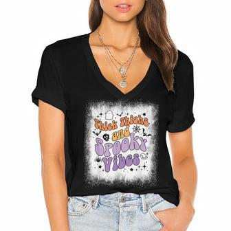 Bleached Thick Thighs And Spooky Vibes Boo Ghost Halloween Women's Jersey Short Sleeve Deep V-Neck Tshirt - Seseable