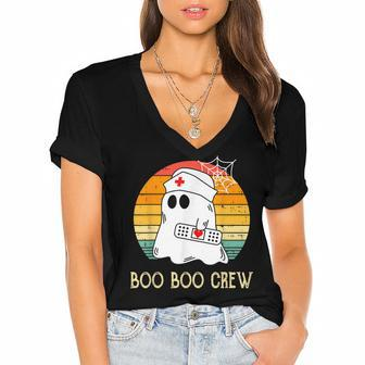 Boo Boo Crew Nurse Ghost Funny Halloween Costume Women's Jersey Short Sleeve Deep V-Neck Tshirt - Seseable
