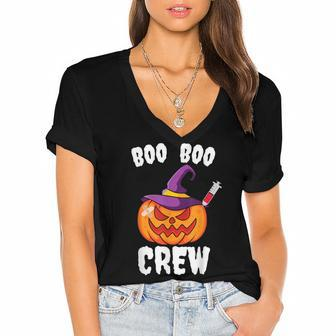 Boo Boo Crew Nurse Pumpkin Funny Halloween Ghost Costume Women's Jersey Short Sleeve Deep V-Neck Tshirt - Seseable